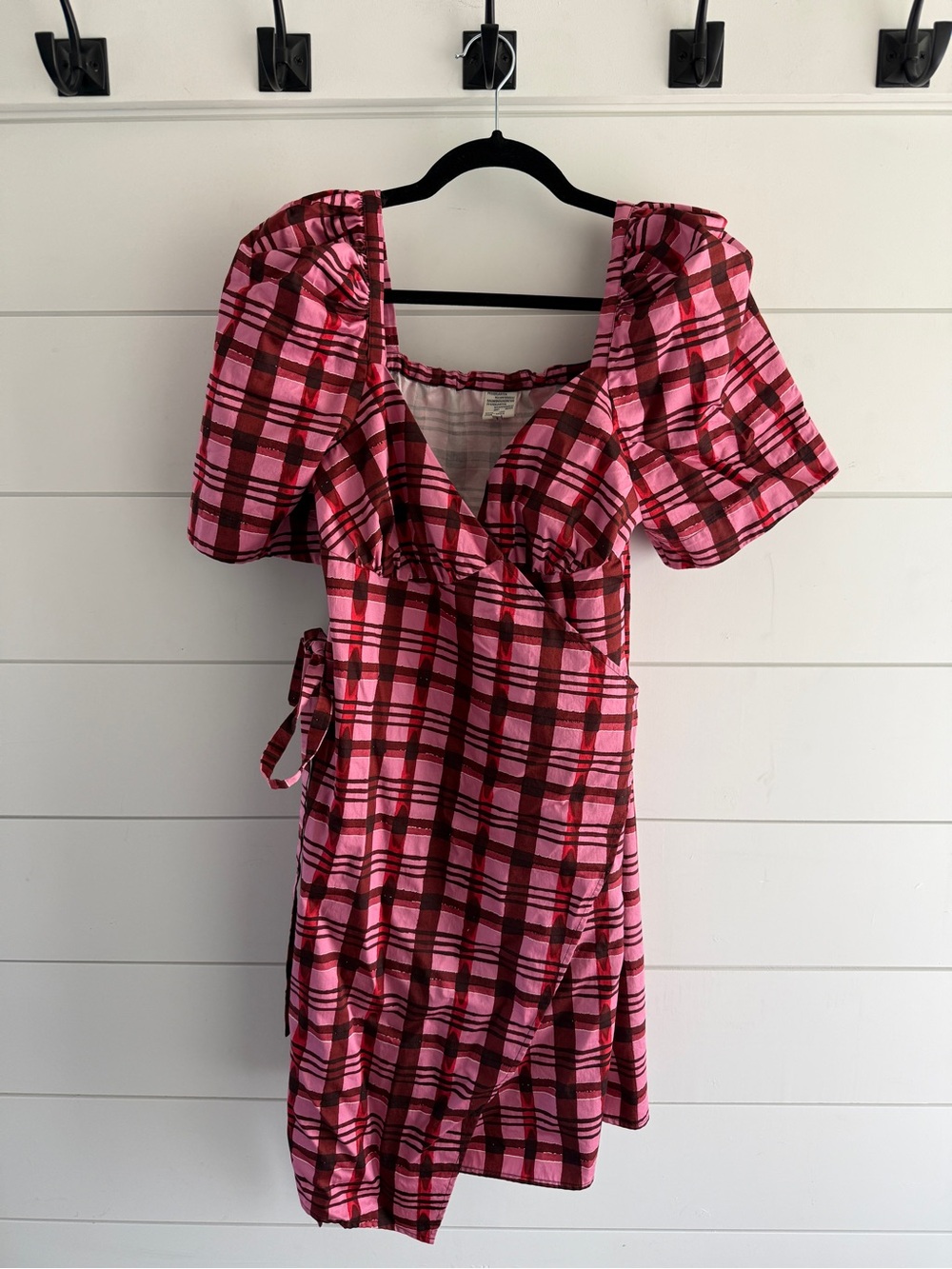 Baum Und Pferdgarten Pink Plaid Puff-Sleeve Wrap Mini Dress
